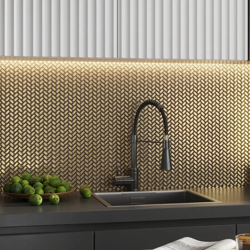Gold 12x12 Glossy Herringbone Glass Mosaic Tile (10 pack, 9.75 sq ft/case) by Apollo Tile