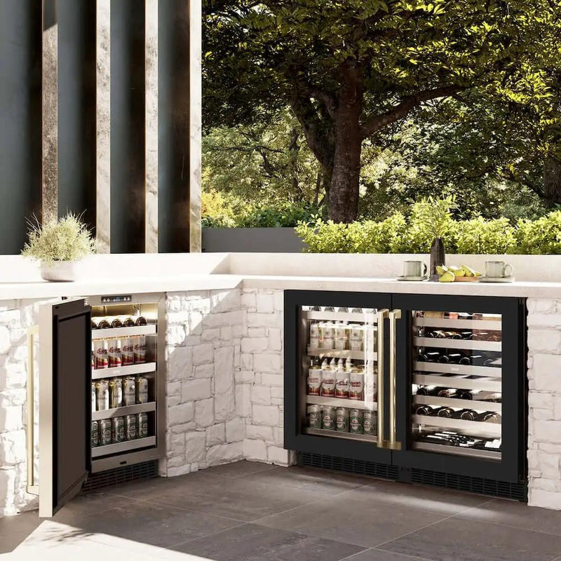 ZLINE 24" Touchstone Dual Zone 44 Bottle Wine Cooler Black Matte Glass Door Polished Gold Handle RWDOZ-BLM-24-G by Farmhouse Kitchen and Bath