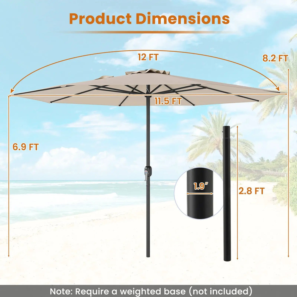 12 Feet Patio Umbrella with Crank Handle and 8 Sturdy Ribs, photo 4 of 10