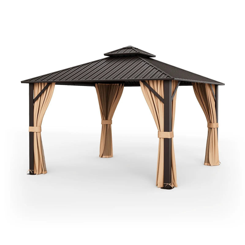 12 x 12 Feet Double-Roof Patio Hardtop Gazebo with Galvanized Steel Roof Netting and Curtains-Coffee by DirectDeals