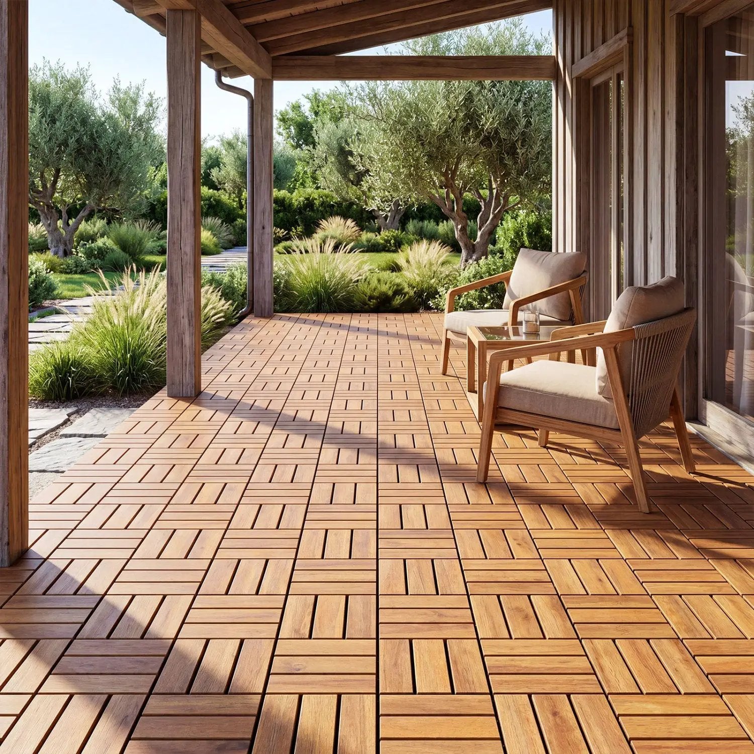 Acacia Wood Interlocking Deck Tiles 12x12 Inch - 27 Pack by DirectDeals