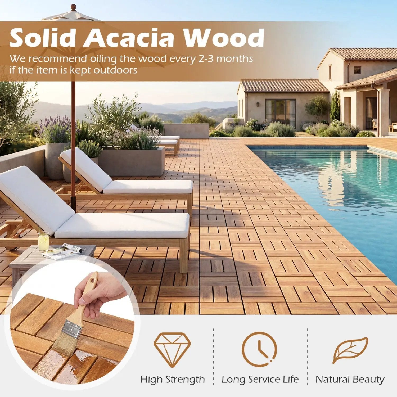 Acacia Wood Interlocking Deck Tiles 12x12 Inch - 27 Pack by DirectDeals