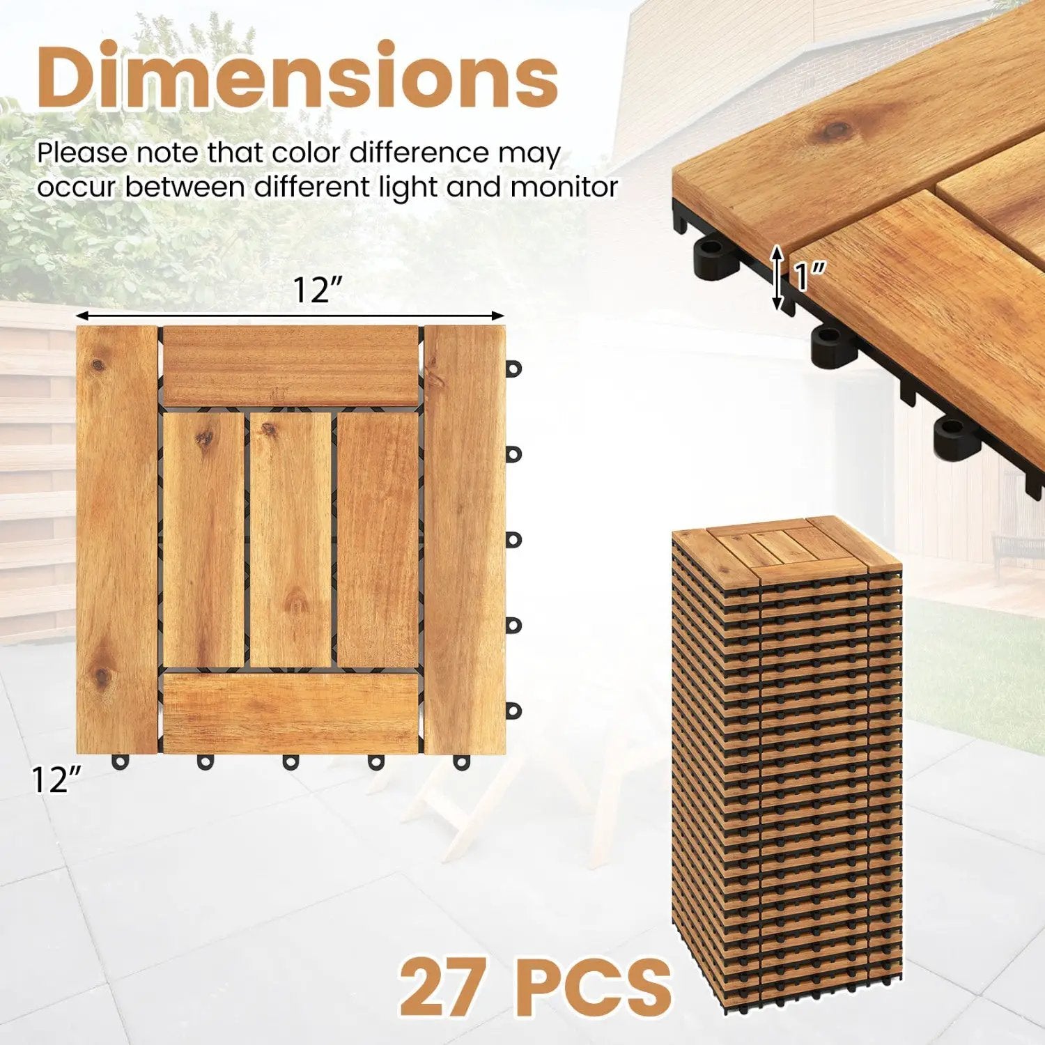 Acacia Wood Interlocking Deck Tiles 12" x 12" - Natural by DirectDeals