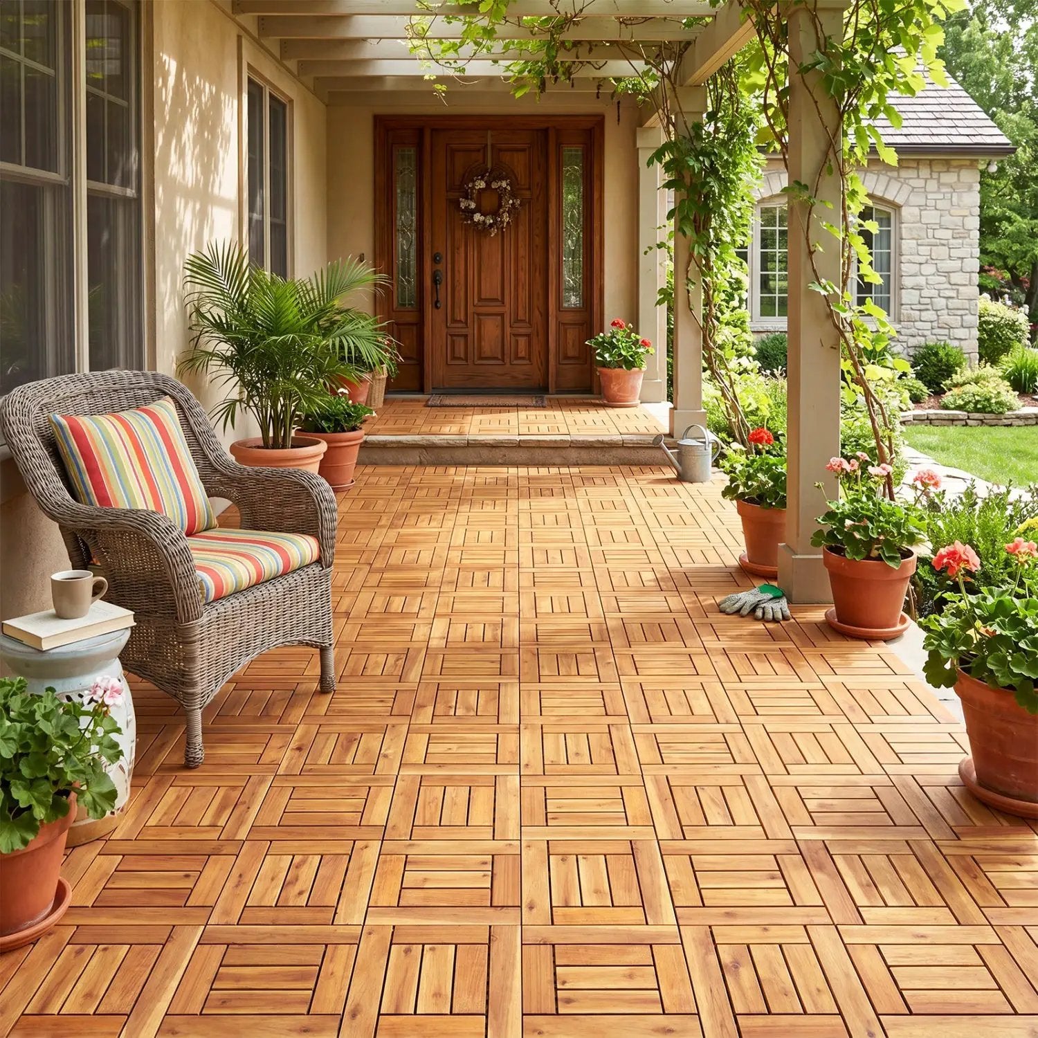 Acacia Wood Interlocking Deck Tiles 12" x 12" - Natural by DirectDeals