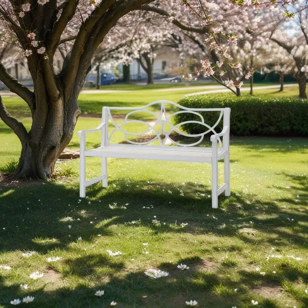 Outdoor Garden Patio Bench With Backrest And Armrest, Slatted Seat For Park, Yard & Porch, Balcony, Accommodates 2 - 3 People - White by Unique Piece Furniture
