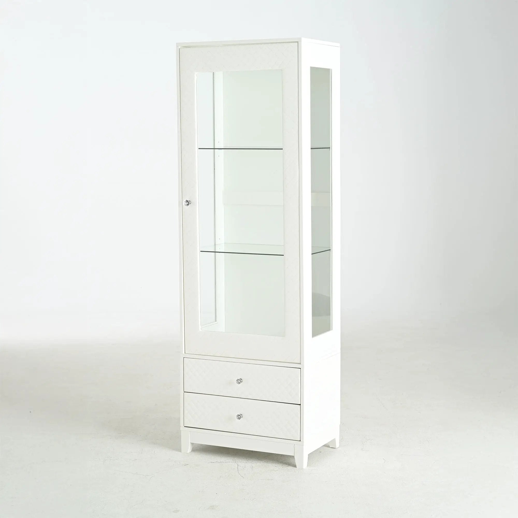 Modern Upholstered Glass Display Cabinet With Adjustable LED Light - White