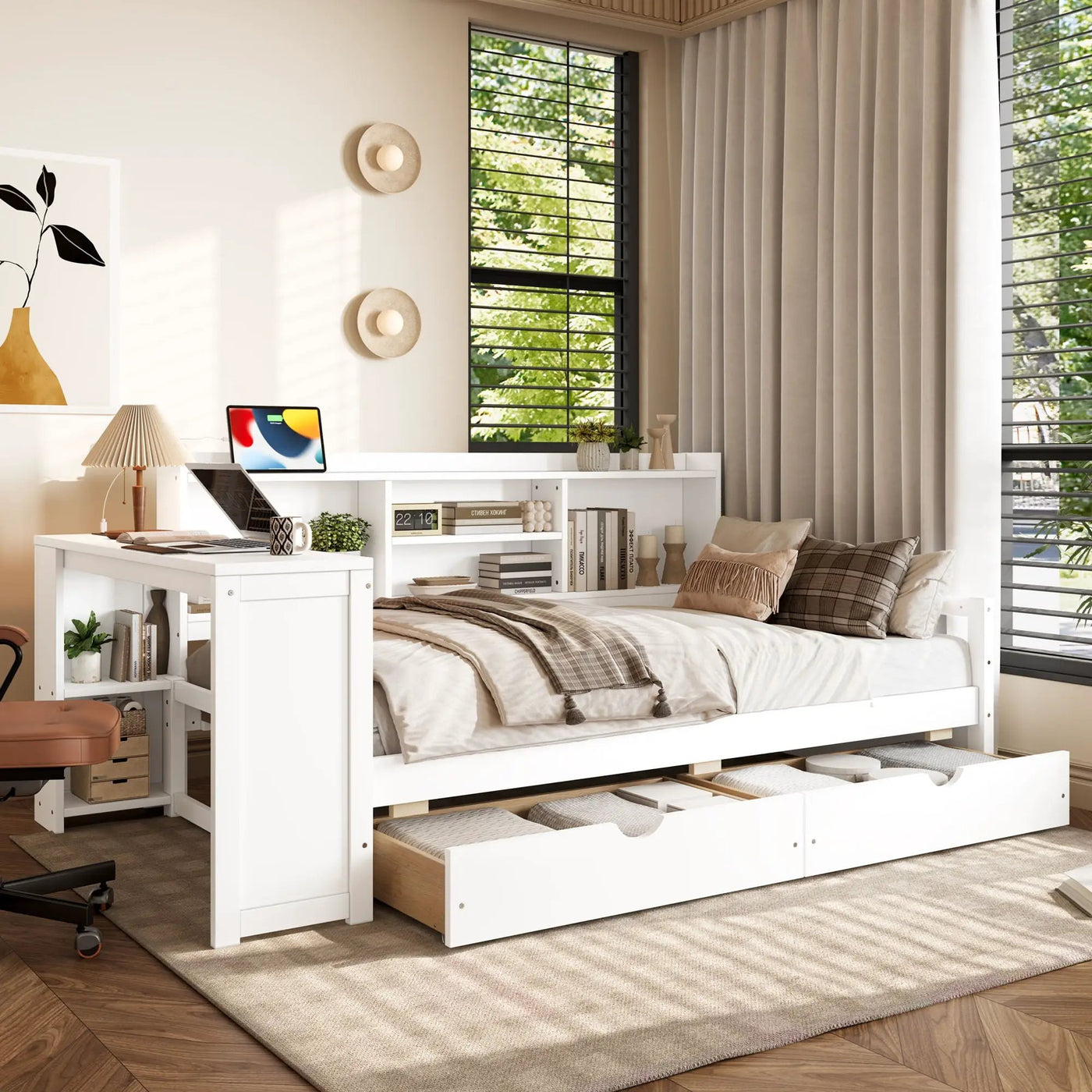 Corner Daybed With Storage Drawers, Desk, Charging Port & Bookcase by Unique Piece Furniture