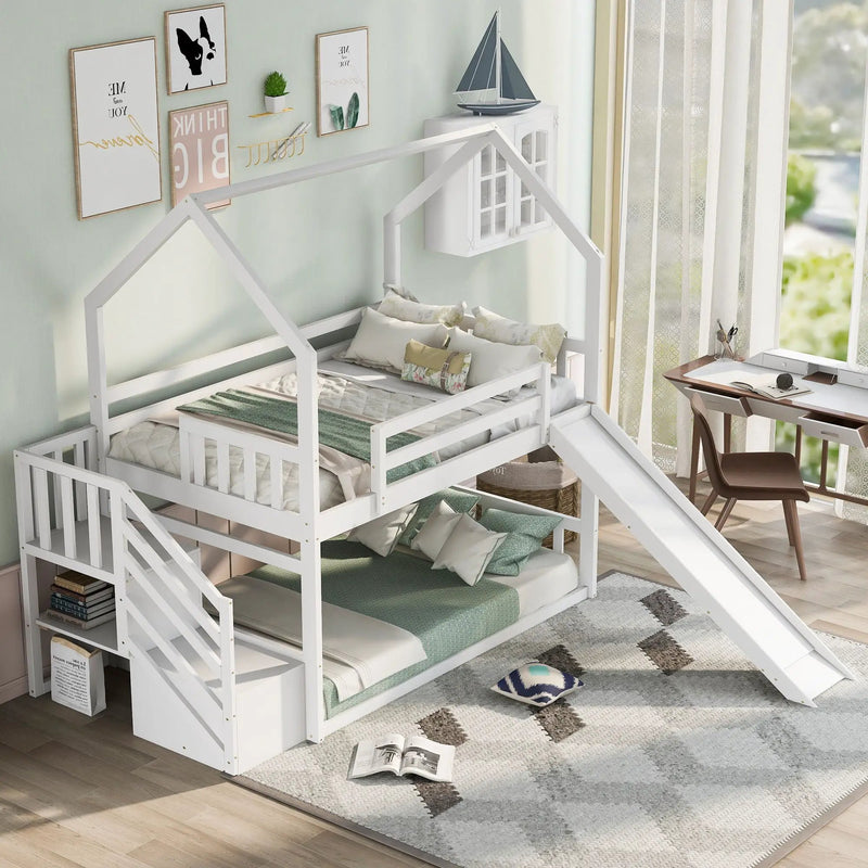 Twin Over Twin House Bunk Bed With Convertible Slide, Storage Staircase by Unique Piece Furniture