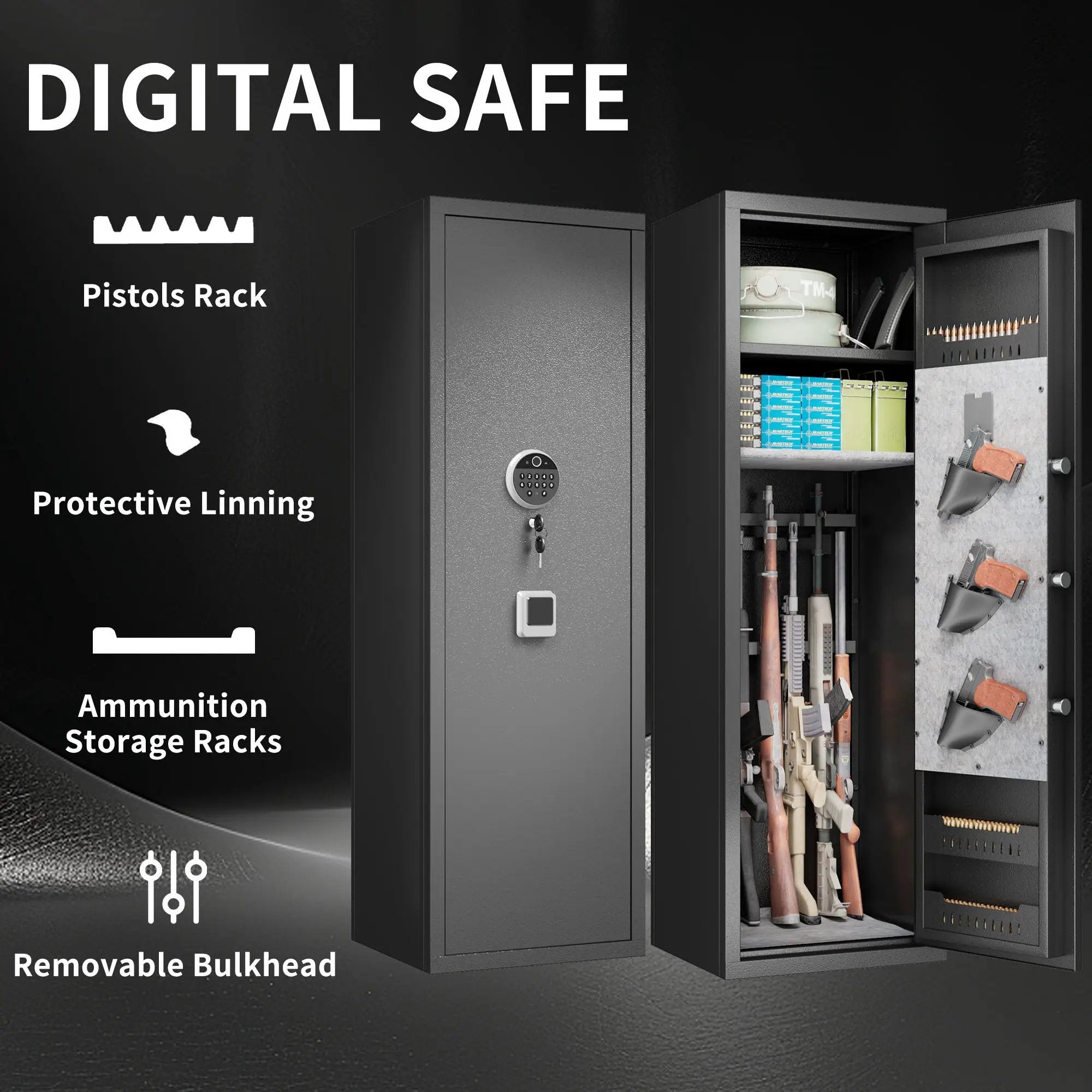 Gun Safes For Home Rifle And Pistols, Fingerprint Electronic Safe With Quick Access, Detachable Partition - Black by HouseOfZazla