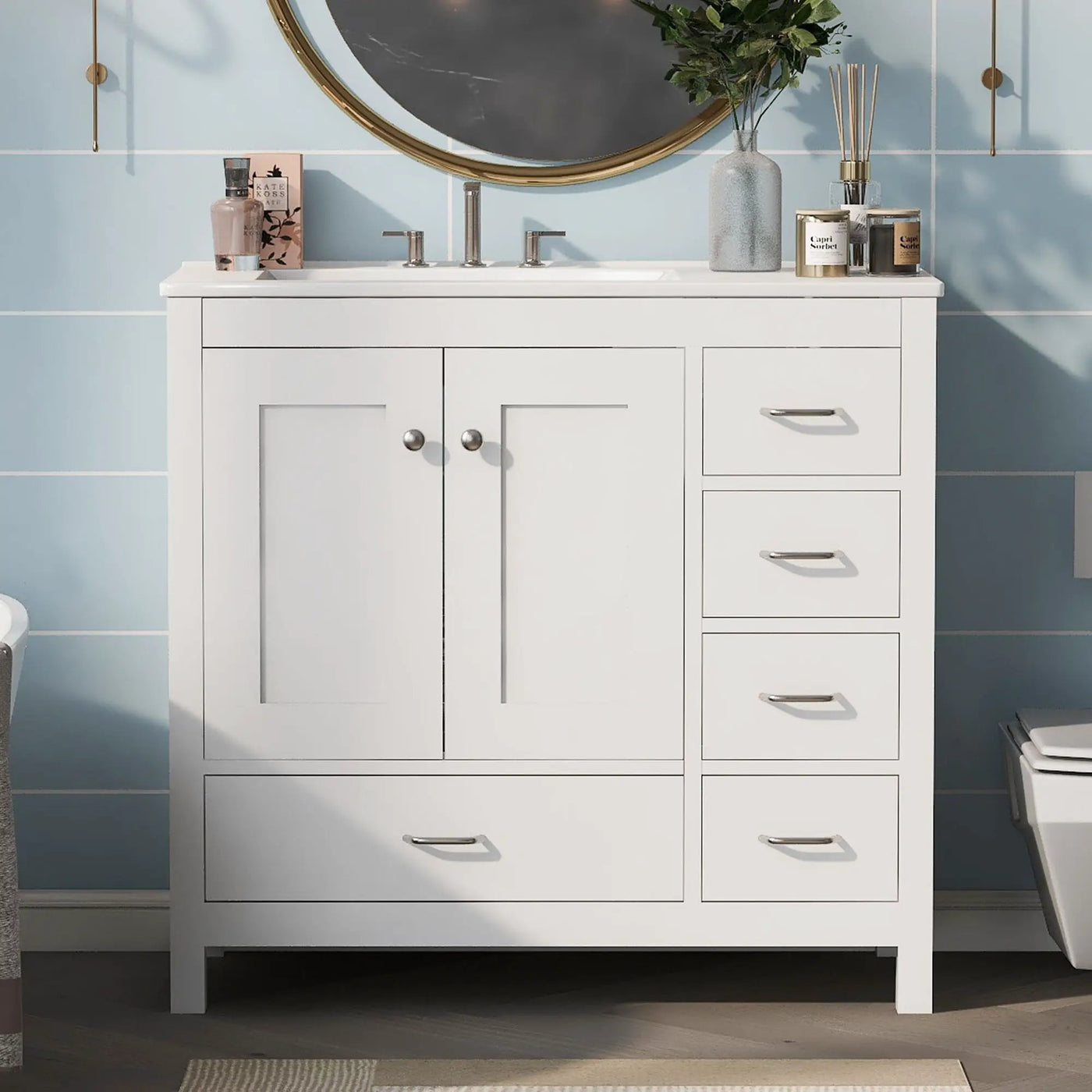 Bathroom Vanity With Ceramic Sink Combo, Abundant Storage Cabinet 2 Soft Close Doors And 5 Drawers by Unique Piece Furniture