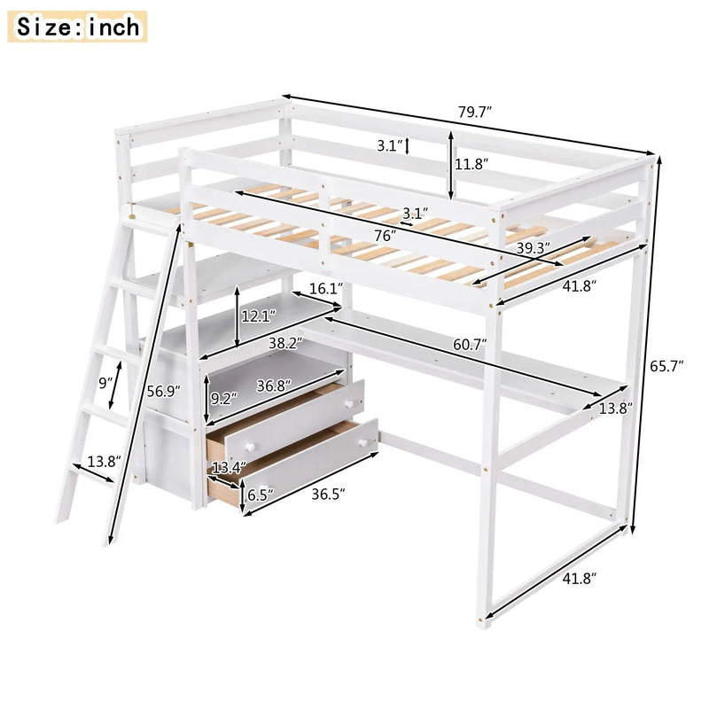 Modern Loft Bed With Built In Desk, Shelves, And 2 Drawers by Unique Piece Furniture
