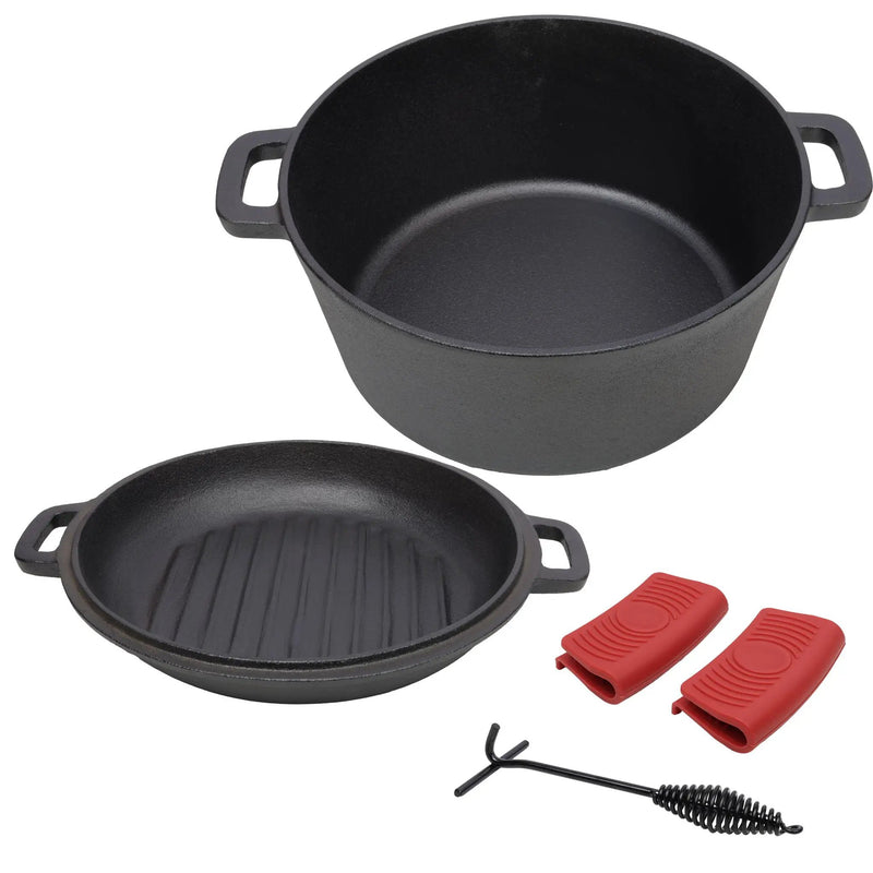 3 In 1 Pre-Seasoned Cast Iron Dutch Oven, 5 Quart with Silicone Handles by HouseOfZazla