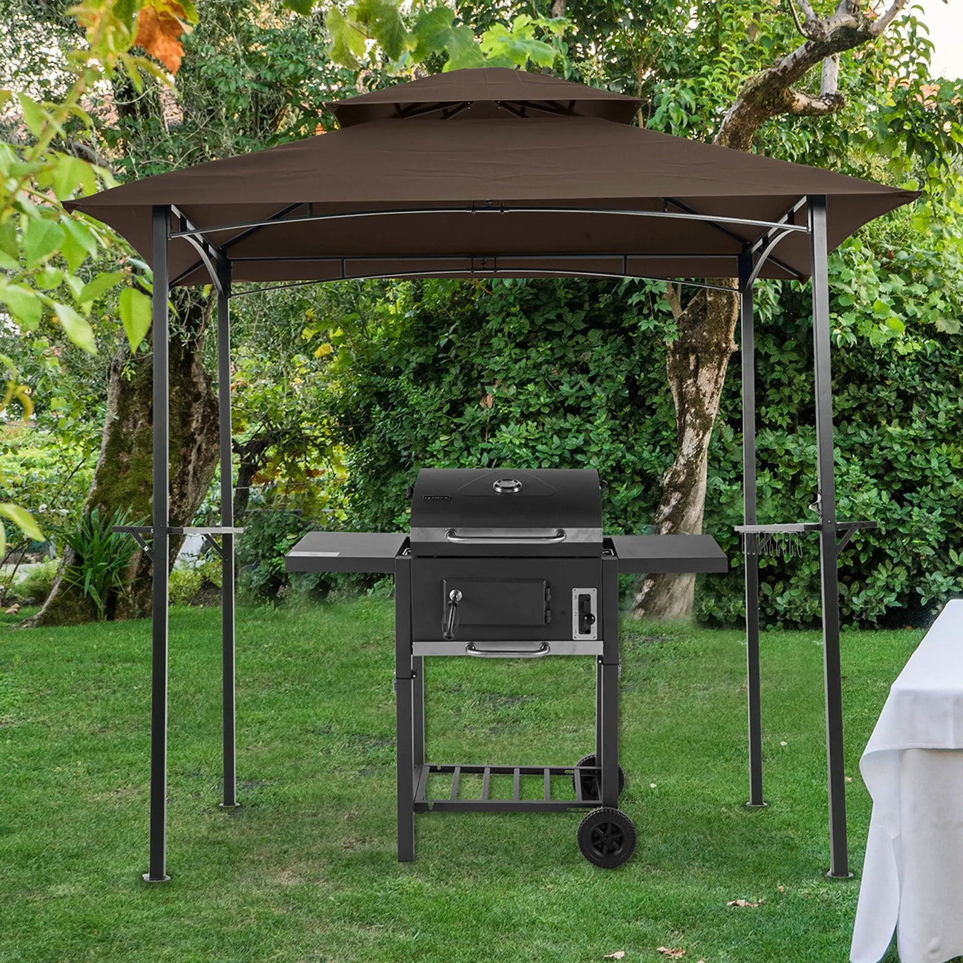 Outdoor Grill Gazebo With Double Tier Soft Top Canopy, Steel Frame, Bar Counters & Hook by Unique Piece Furniture