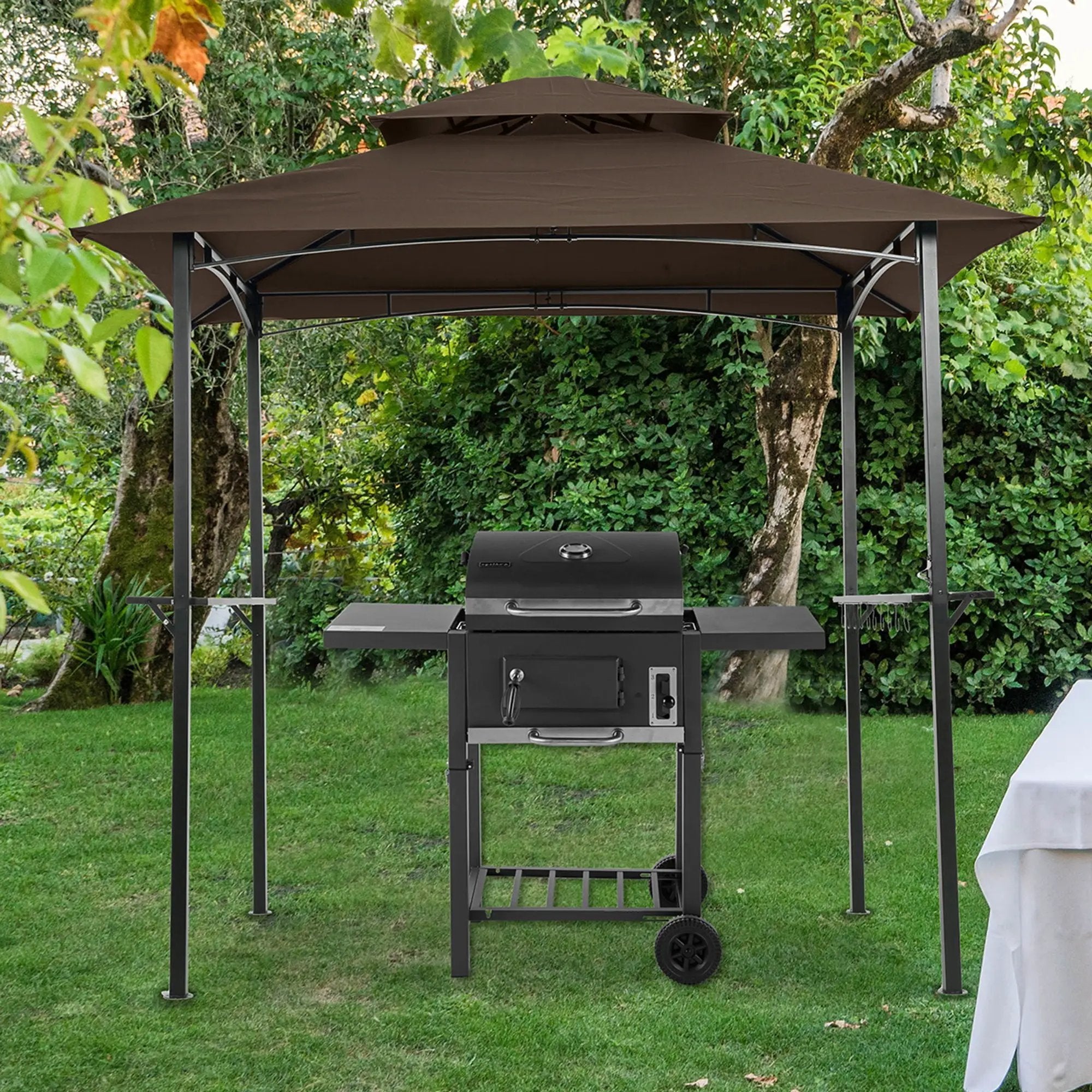 Outdoor Grill Gazebo With Double Tier Soft Top Canopy, Steel Frame, Bar Counters & Hook by Unique Piece Furniture
