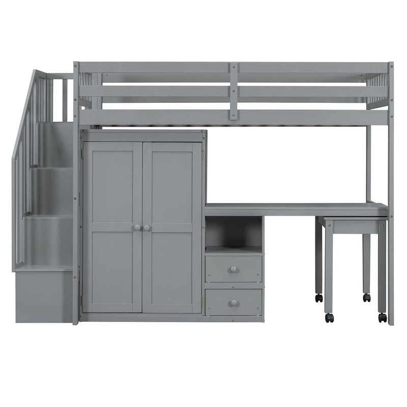 Loft Bed With Stairs, Bookshelf, Drawers, Desk & Wardrobe, Space Saving Multifunctional Furniture by HouseOfZazla