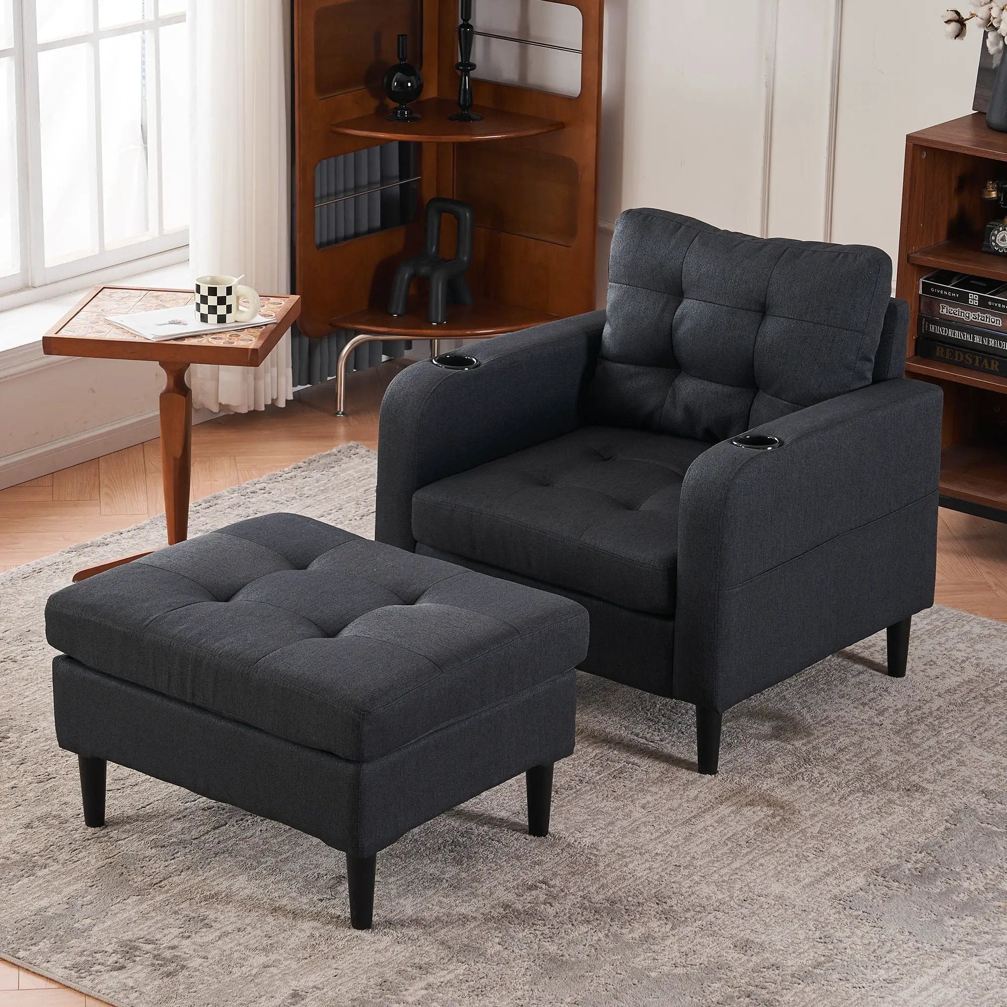Upholstered Armchair And Storage Ottoman Set, Comfortable Single Sofa With Cup Holders And Tufted Detailing, Ideal For Living Room Or Bedroom by HouseOfZazla