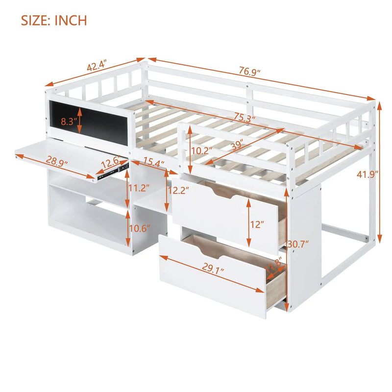 Low Loft Bed With Rolling Desk, Shelf And Drawers by HouseOfZazla