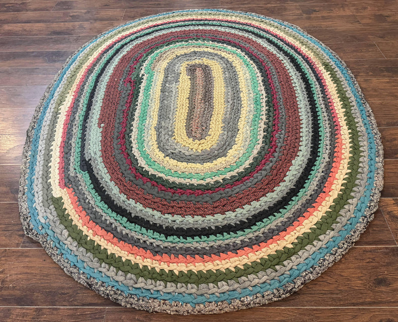 Antique American Braided Rug 5x7, Oval Multicolor Handmade Wool Braided Carpet by Jewel Rugs