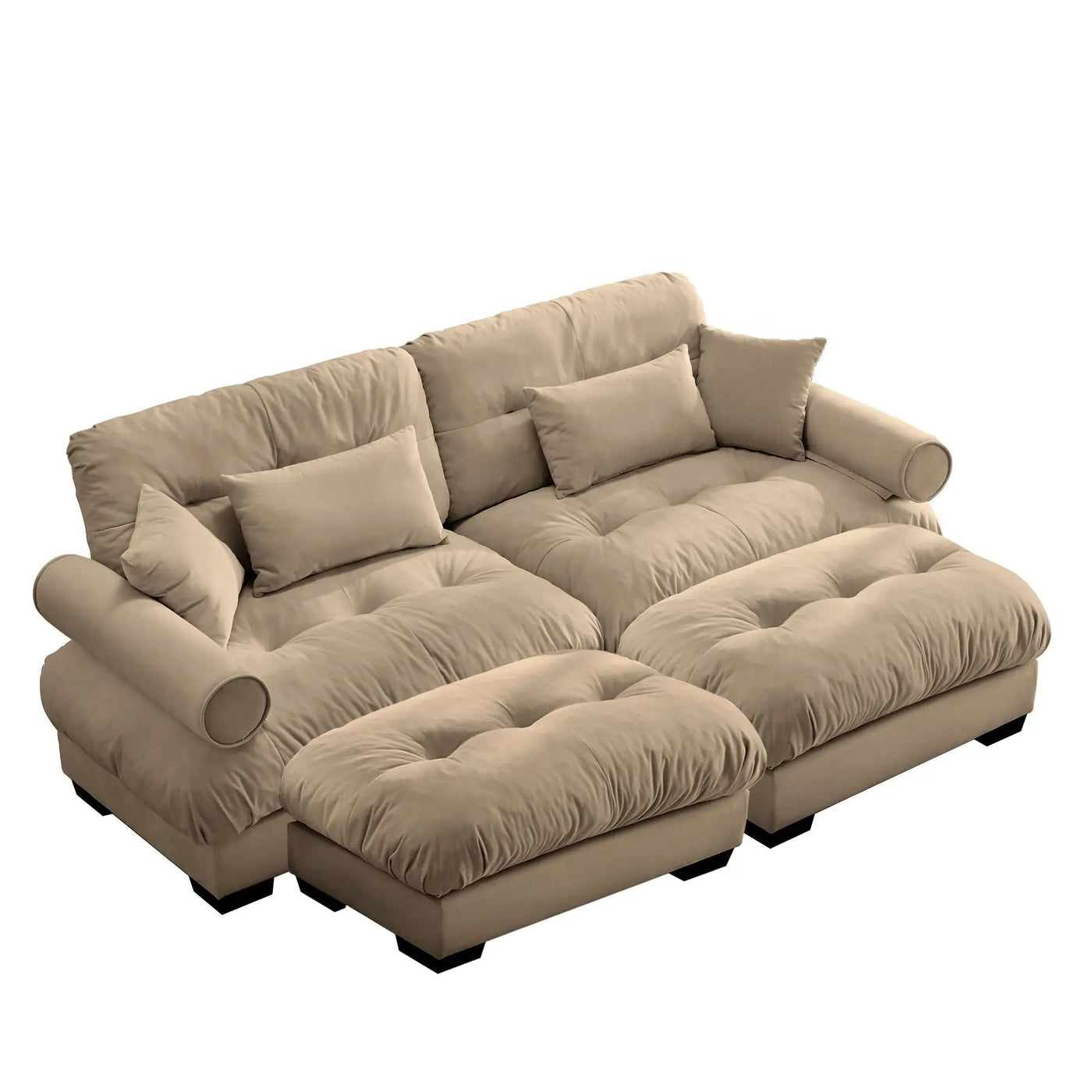 Modern Sectional Sofa With Ottoman, Round Bolster Armrests, Waist And Throw Pillows by HouseOfZazla
