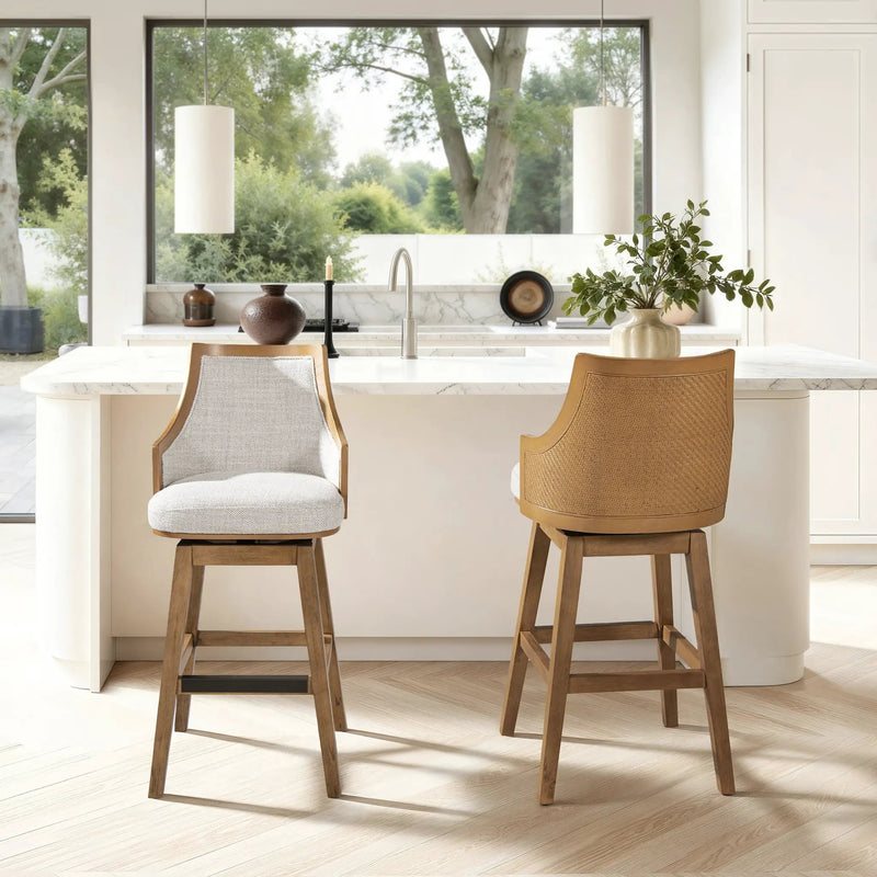 Bahama 30' Cane Rattan High-Back Swivel Bar Stool with Recessed Arms, Two-Tone Neutral Gray Polyester Wool Blend by HouseOfZazla