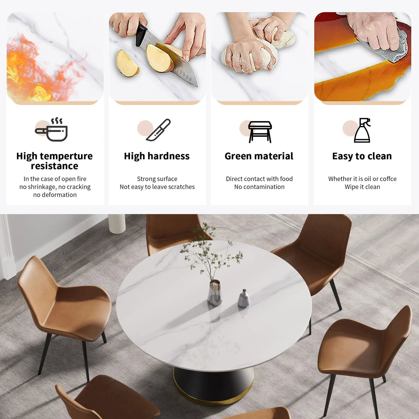 Modern Artificial Stone Round Carbon Steel Base Dining Table, Can Accommodate 6 People by HouseOfZazla