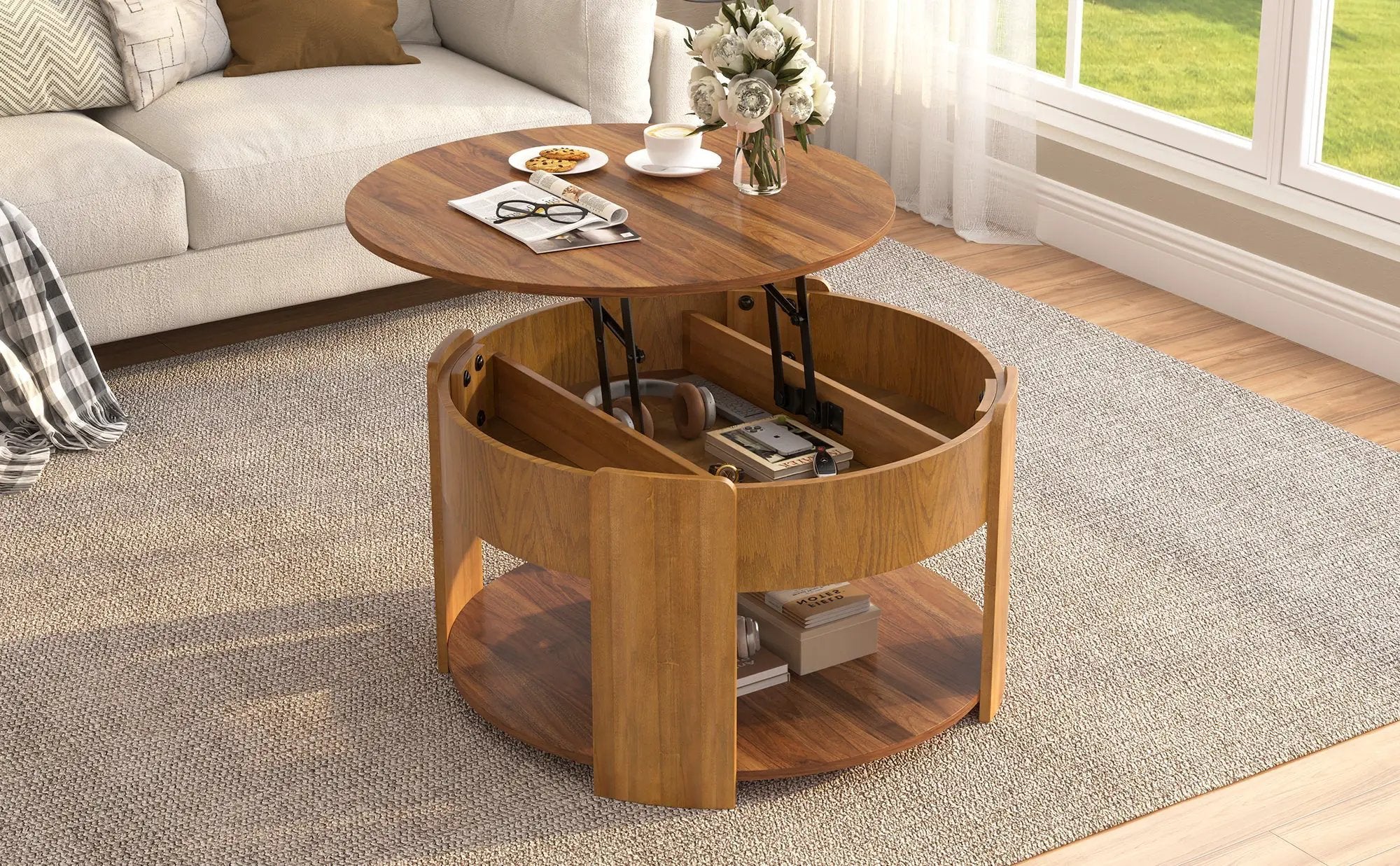 Vibe Haus Farmhouse Round Lift Top Coffee Table with Hidden Storage by HouseOfZazla