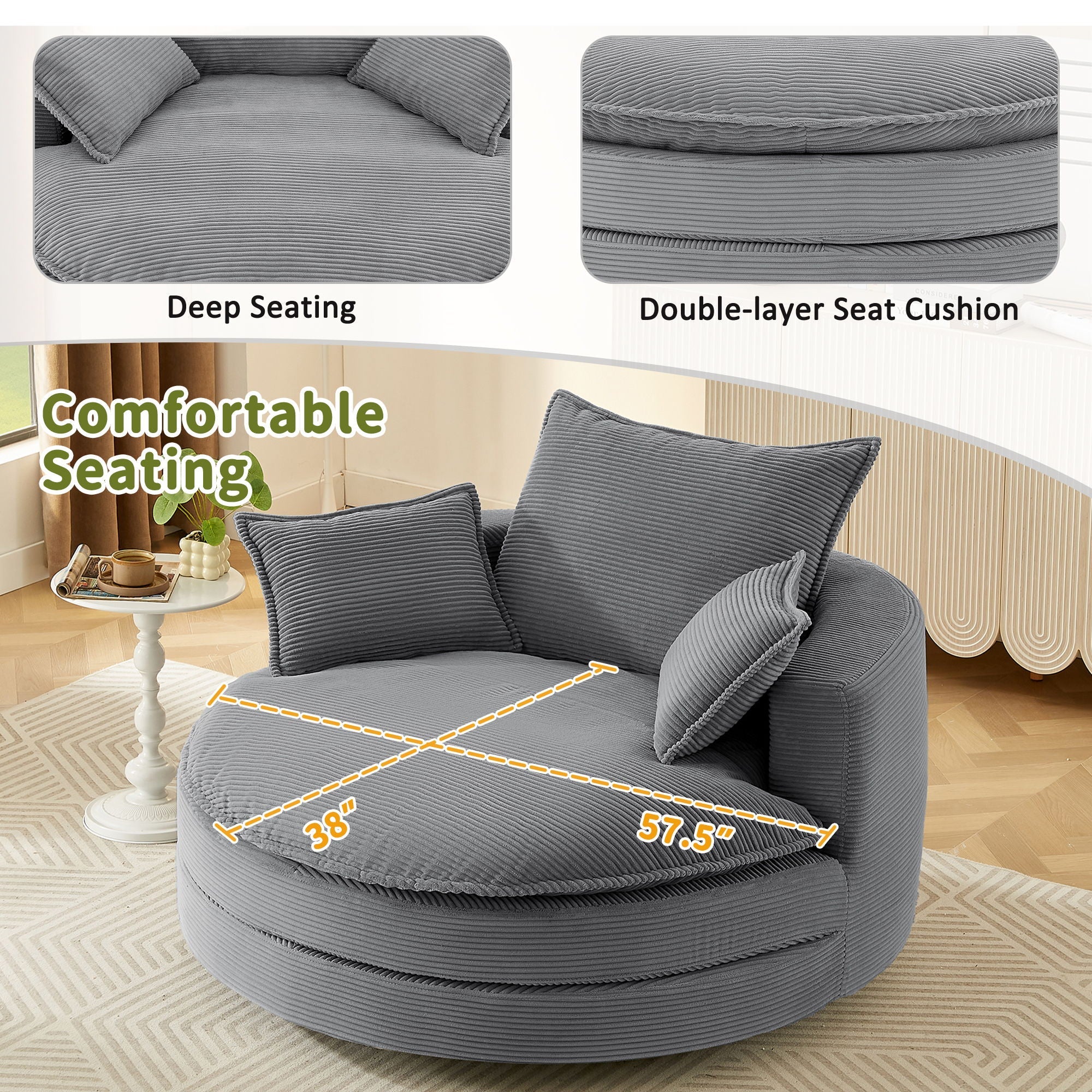 360° Swivel Accent Barrel Chair With Dual Layer Cushion And 3 Removable Pillows by Unique Piece Furniture