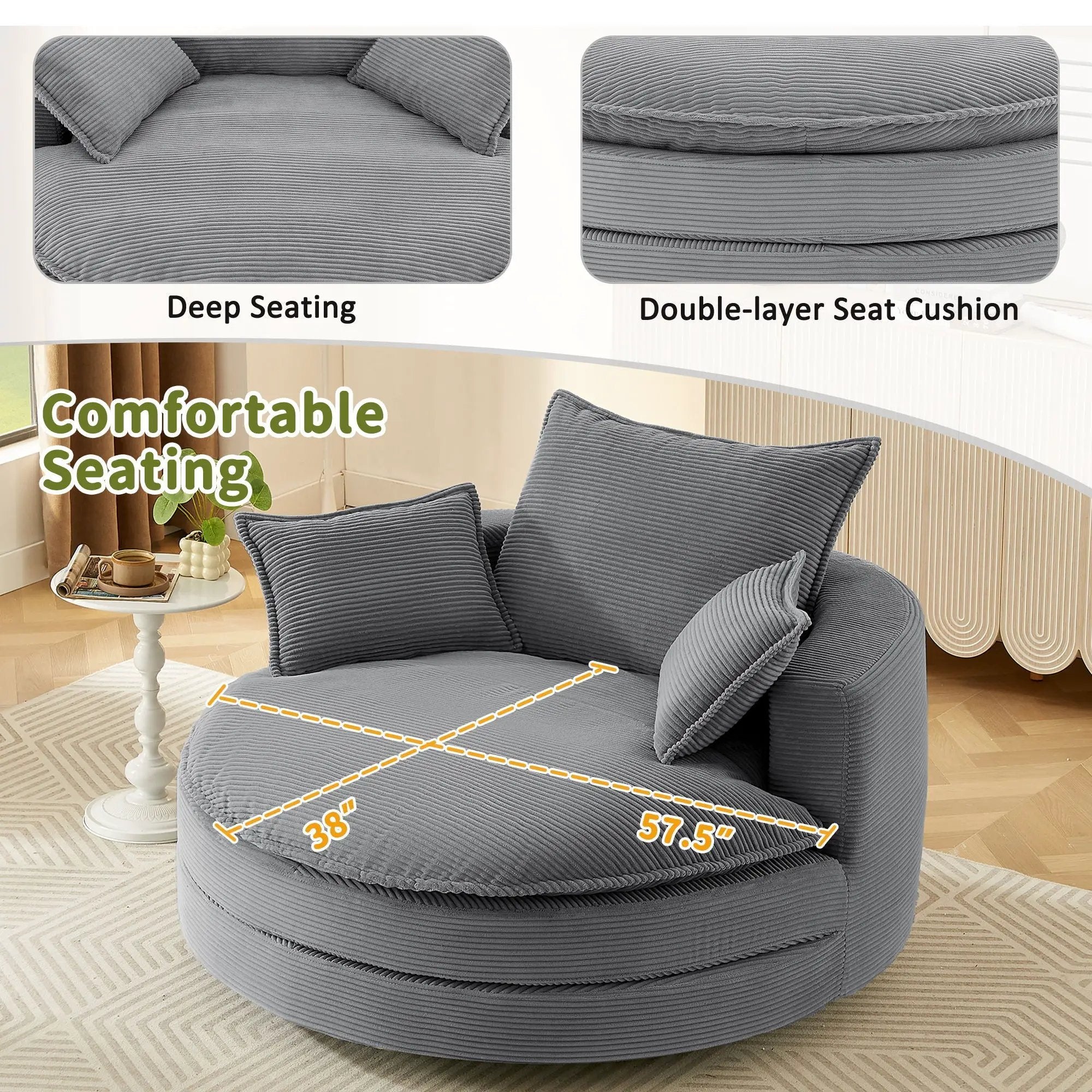 360° Swivel Accent Barrel Chair With Dual Layer Cushion And 3 Removable Pillows by Unique Piece Furniture