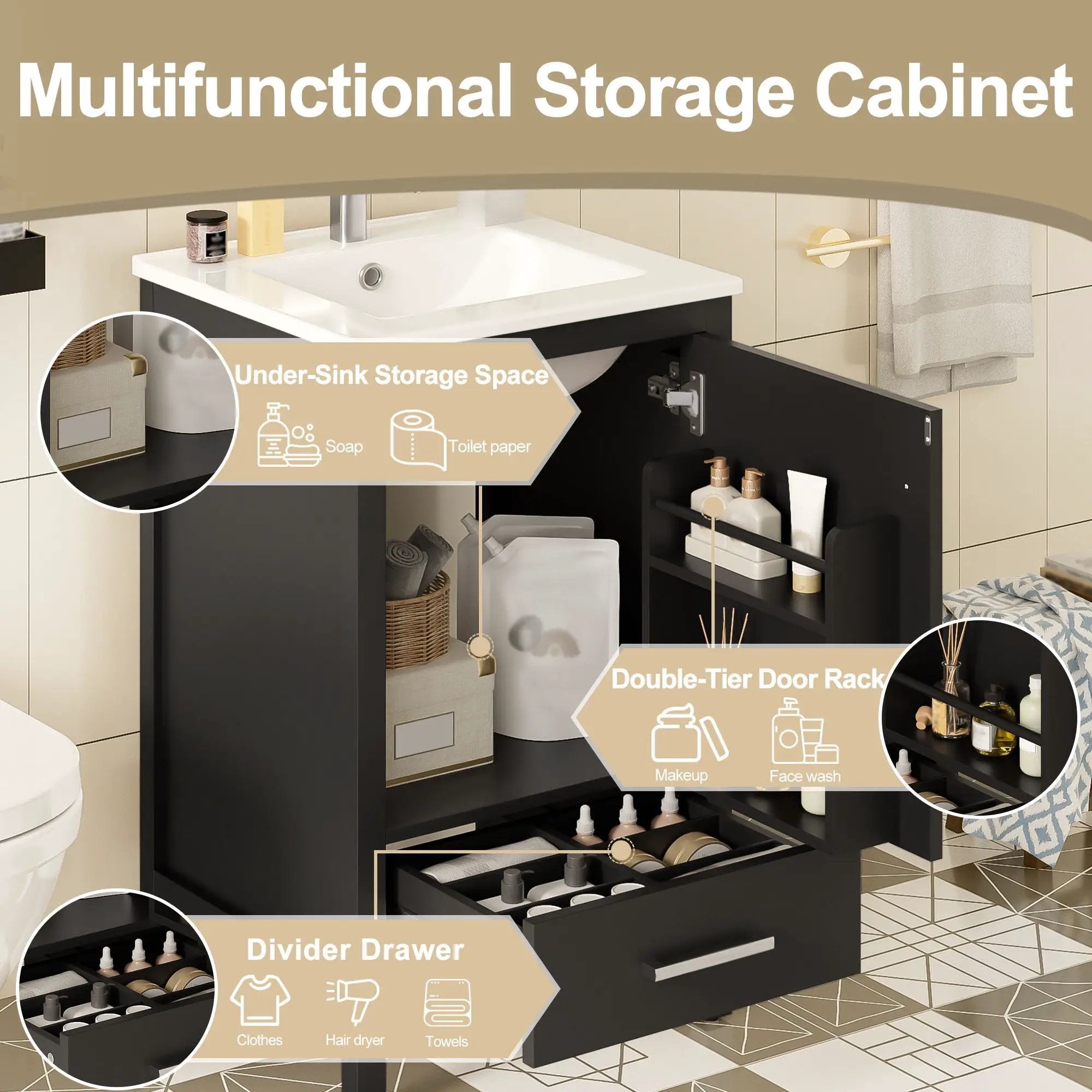 Bathroom Vanity With Ceramic Sink, Soft Close Drawers, Door Organizer, Divider Drawer, Adjustable Foot Pads by HouseOfZazla