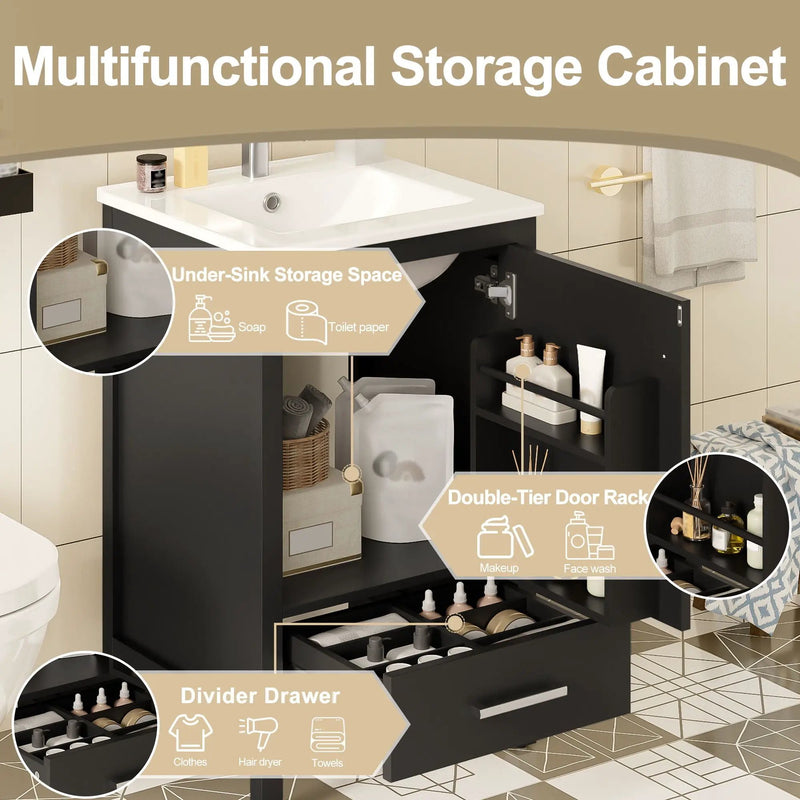 Bathroom Vanity With Ceramic Sink, Soft Close Drawers, Door Organizer, Divider Drawer, Adjustable Foot Pads by HouseOfZazla