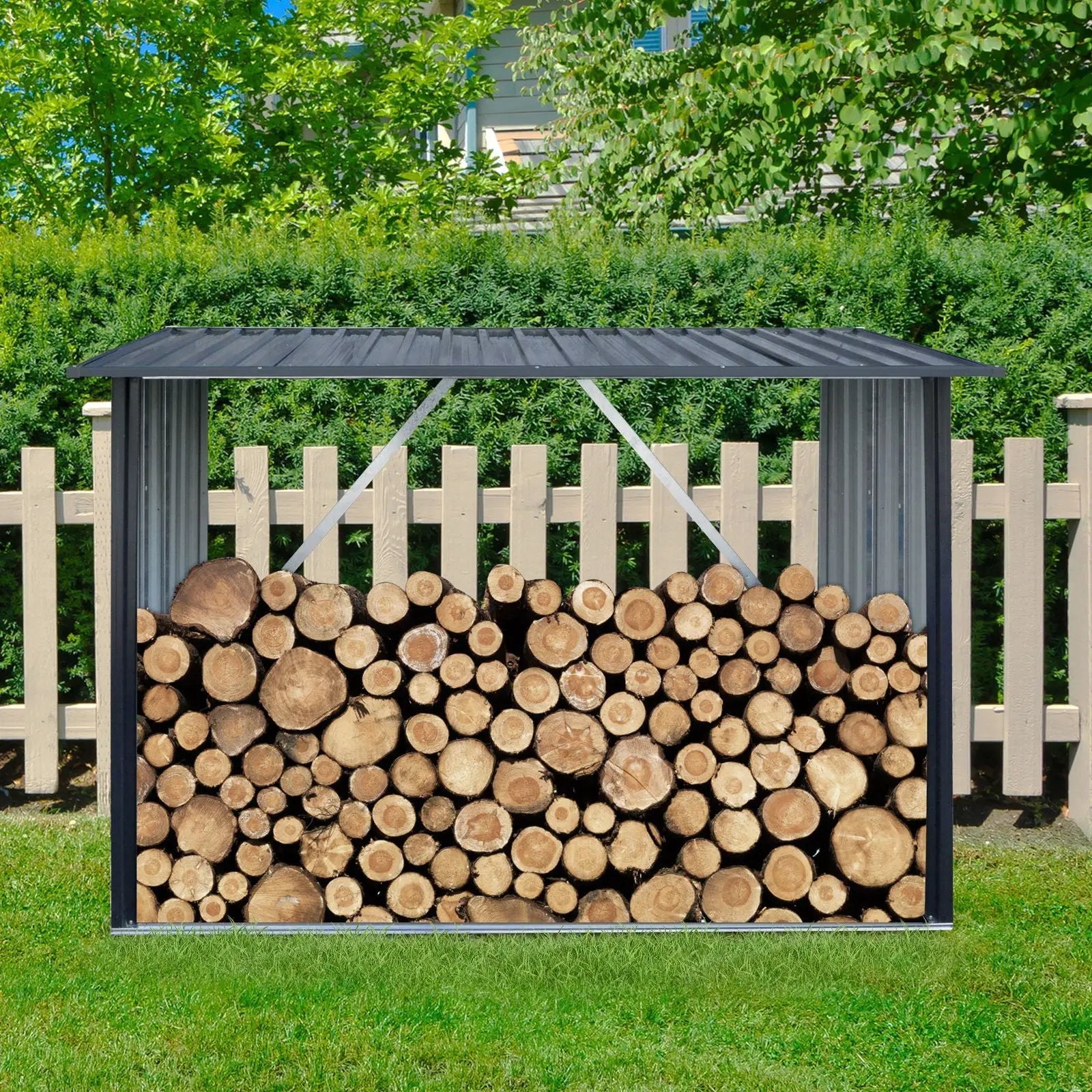 Outdoor Steel Firewood Rack, Open Wood Shed With Sloped Roof For Firewood, Pellet, Or Lumber Storage - Black by HouseOfZazla