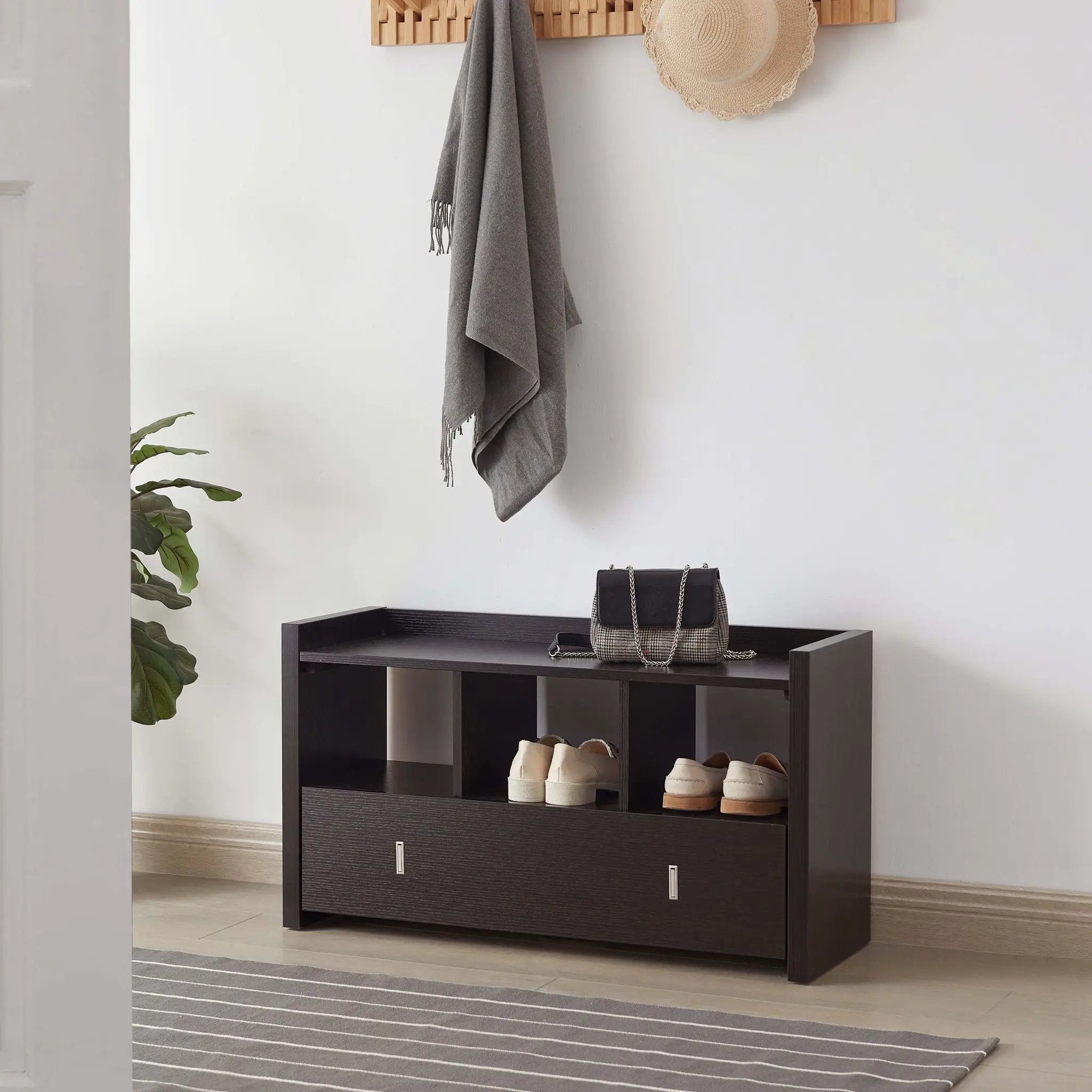 Shoe Entry Bench With Three Shelves, One Drawer With Divided Compartment by HouseOfZazla