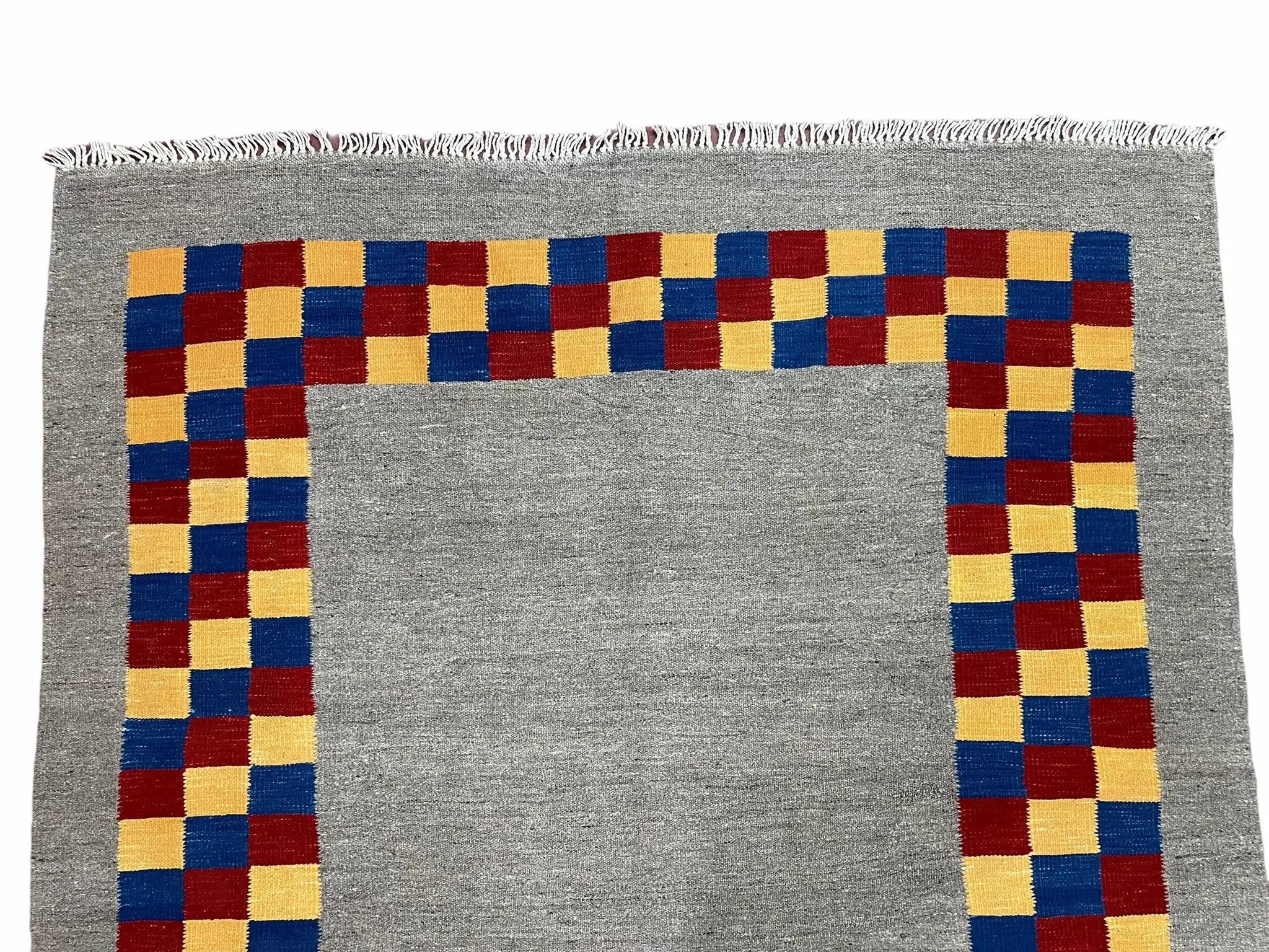 Gray Kilim Carpet, Yellow, Red, Blue Checkerboard Pattern, Flatweave, New, Geometric, Hand-Knotted, Wool, Turkish Area Rug, 5' 9" x 7' 9" by Jewel Rugs