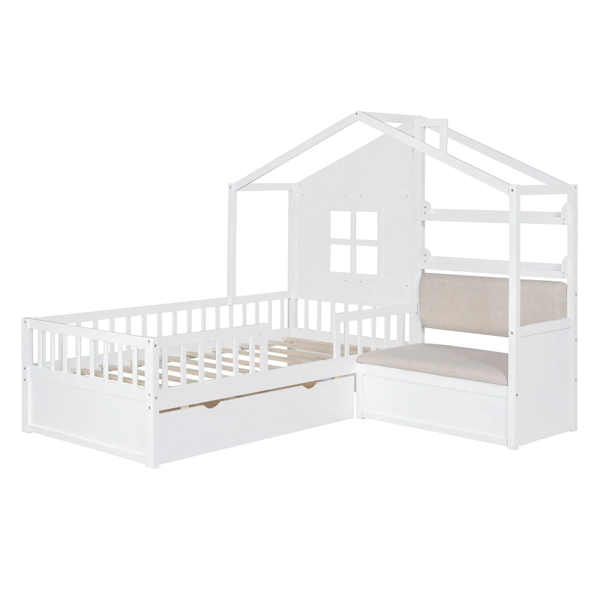 House Bed With Sofa, Kids Platform Bed With 2 Drawers And Storage Shelf by HouseOfZazla