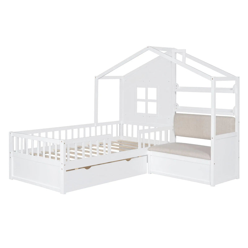 House Bed With Sofa, Kids Platform Bed With 2 Drawers And Storage Shelf by HouseOfZazla