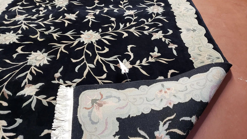6x9 Vintage Black Gray Chinese Rug 120 Lines Wool Carpet Floral Design Hand-Knotted Soft Pile Entryway Rug Foyer Rug Nice by Jewel Rugs