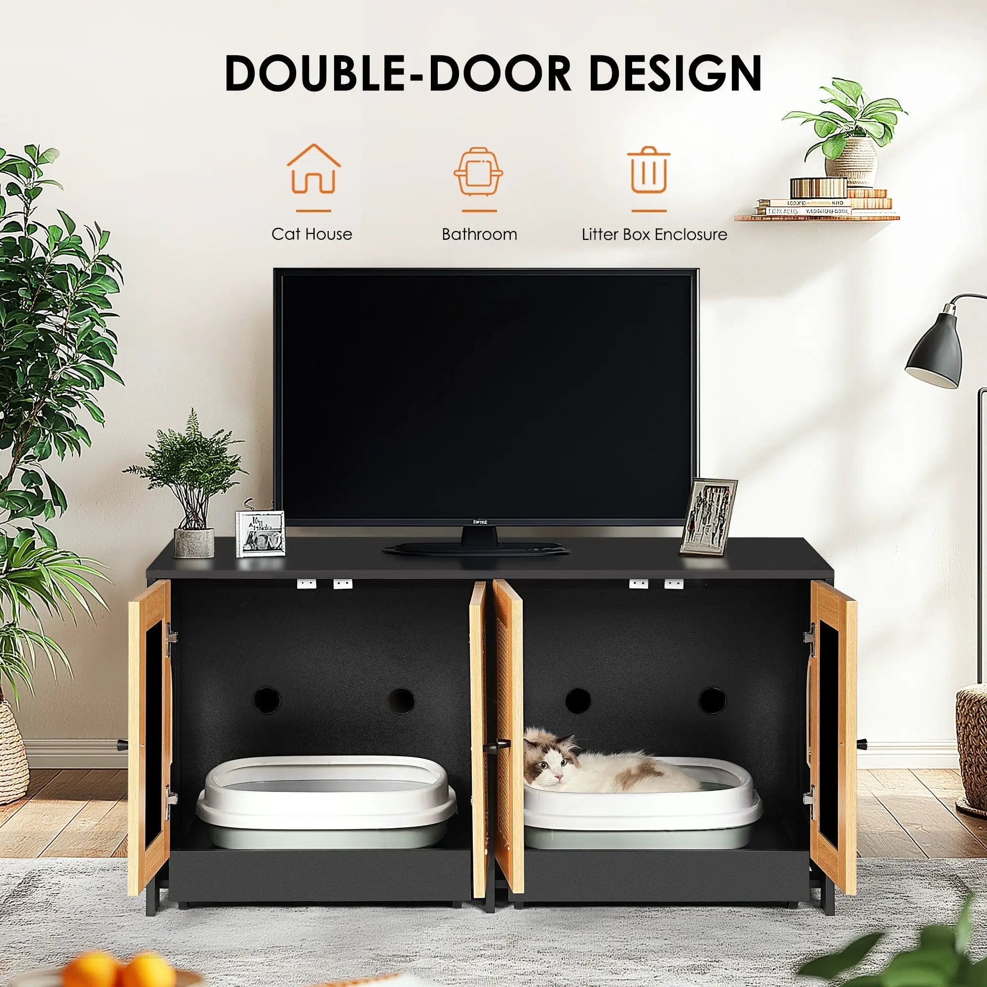 Double Litter Box Enclosure, Cat Litter Box Enclosure For 2 Cats, Hidden Litter Box Furniture With Rattan Doors - Black by HouseOfZazla