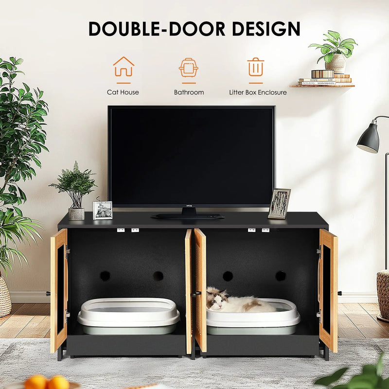 Double Litter Box Enclosure, Cat Litter Box Enclosure For 2 Cats, Hidden Litter Box Furniture With Rattan Doors - Black by HouseOfZazla
