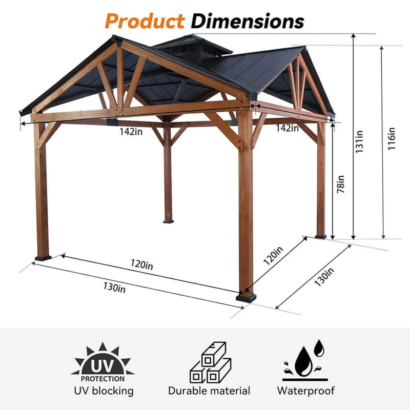 [12X12FT] Alora Premium Outdoor Cedar Wood Hardtop Gazebo With Galvanized Steel Roof (SAK31864) by SAKSBY WHOLESALE