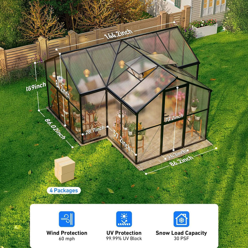 [12X12FT] Premium T-Shape Polycarbonate Greenhouse With UV Protection And Aluminum Frame (SAK27460) by SAKSBY WHOLESALE