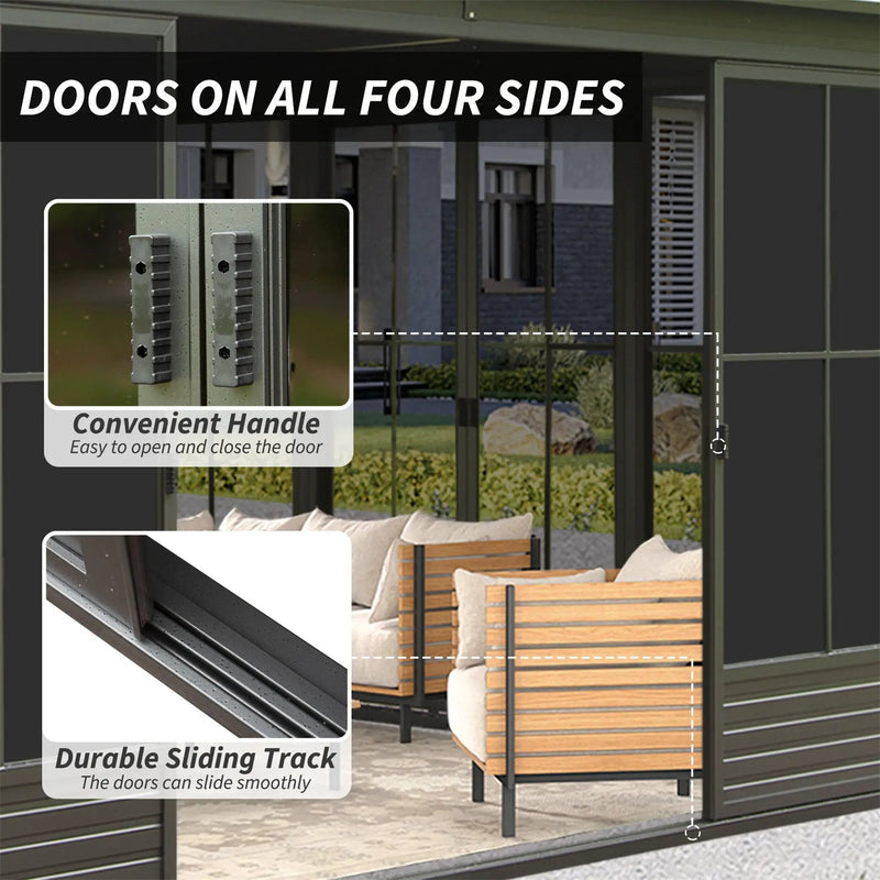 [12X14FT] Alora Serenity Premium All-Weather Outdoor Aluminum Sunroom With Galvanized Steel Hardtop Sloping Roof, Lockable Doors, And Moveable PC Screens (SAK76831) by SAKSBY WHOLESALE