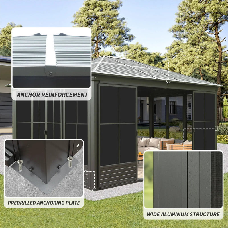 [12X14FT] Alora Serenity Premium All-Weather Outdoor Aluminum Sunroom With Galvanized Steel Hardtop Sloping Roof, Lockable Doors, And Moveable PC Screens (SAK76831) by SAKSBY WHOLESALE