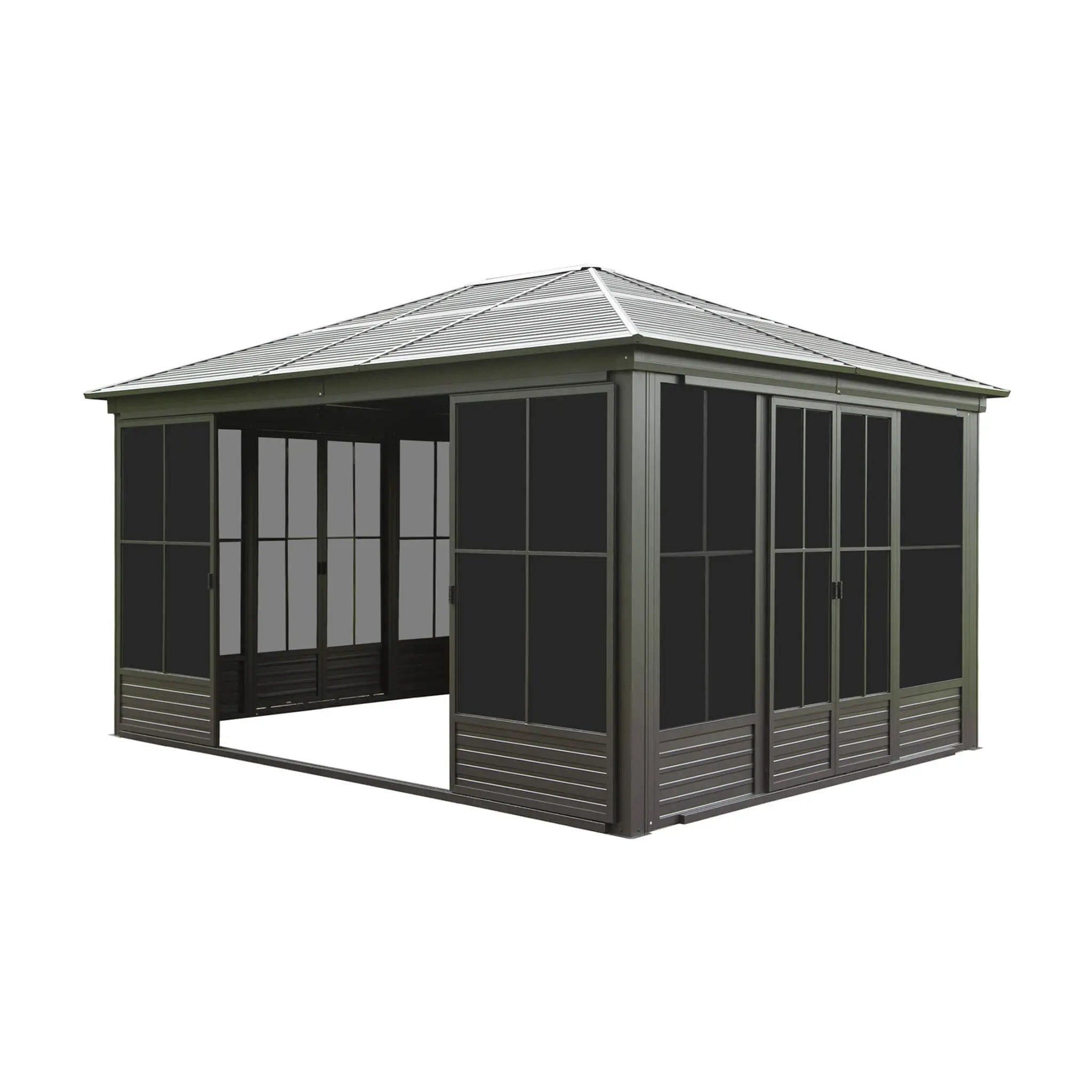 [12X14FT] Alora Serenity Premium All-Weather Outdoor Aluminum Sunroom With Galvanized Steel Hardtop Sloping Roof, Lockable Doors, And Moveable PC Screens (SAK76831) by SAKSBY WHOLESALE