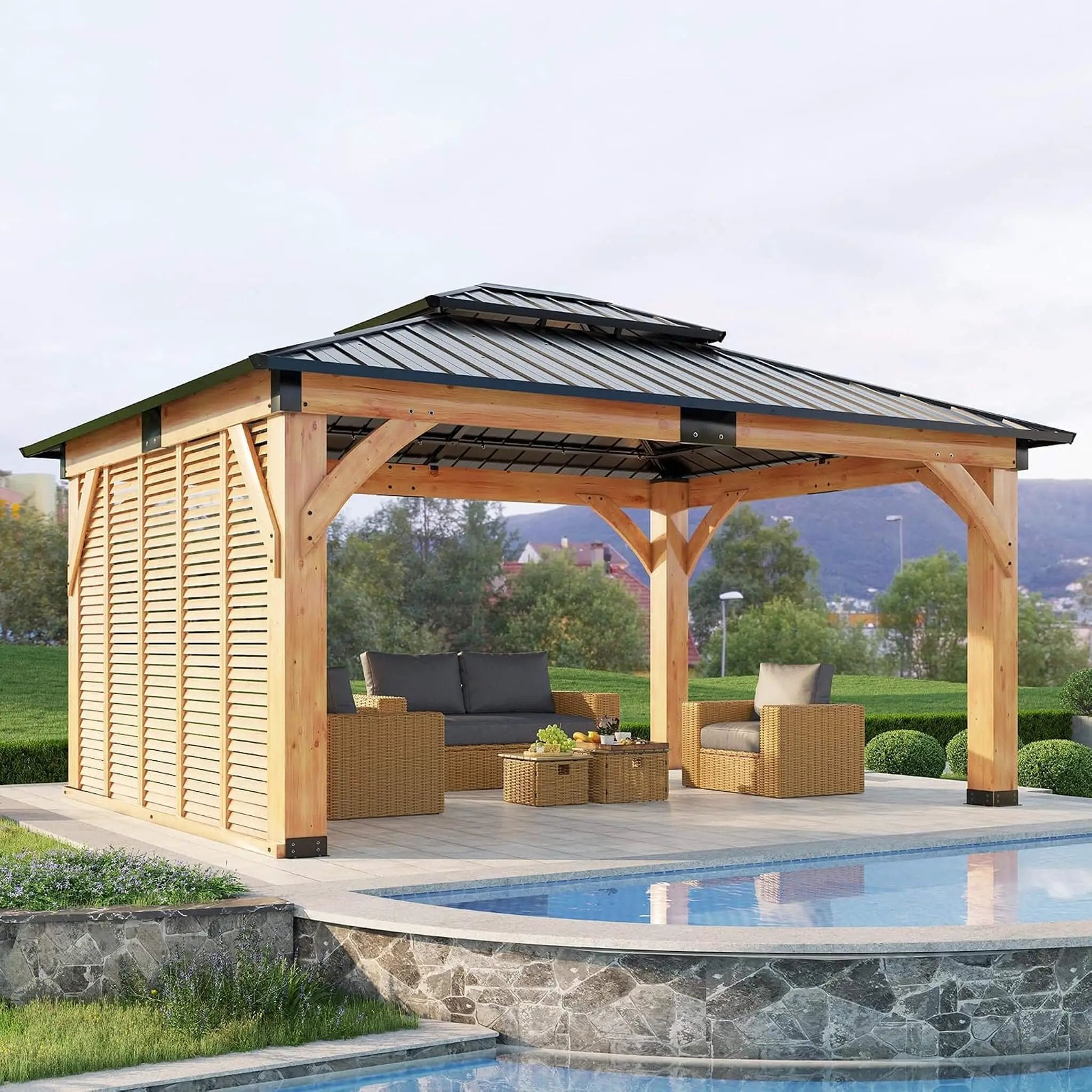 [12X14FT] Alora Modern Double-Tier Hardtop Spruce Wood Gazebo With Built-In Privacy Wall & Ceiling Hooks (SAK75086) by SAKSBY WHOLESALE
