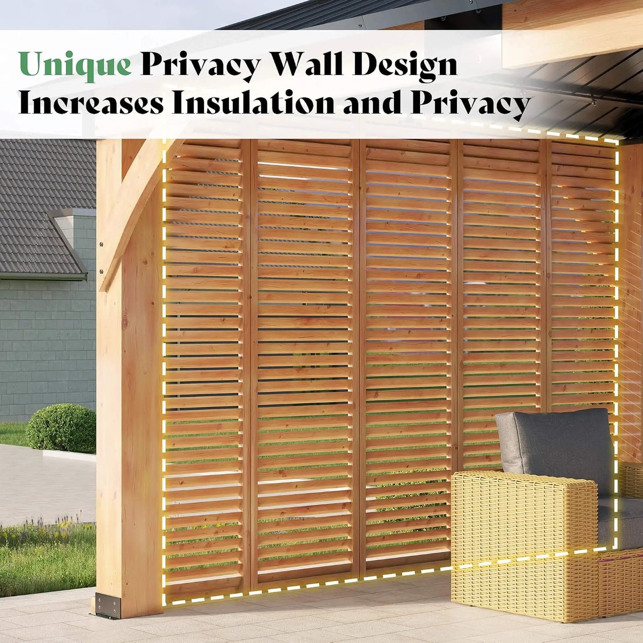 [12X14FT] Alora Modern Double-Tier Hardtop Spruce Wood Gazebo With Built-In Privacy Wall & Ceiling Hooks (SAK75086) by SAKSBY WHOLESALE