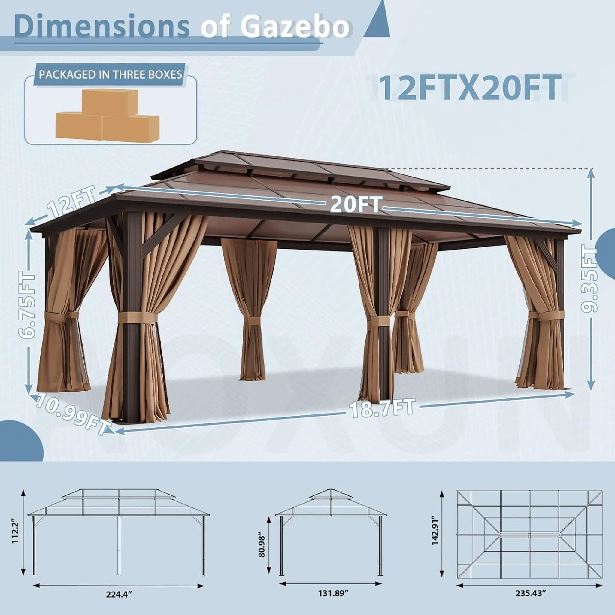 [12X20FT] Alora Premium Aluminum Outdoor Polycarbonate Hardtop Gazebo With Netting & Curtains (SAK36580) by SAKSBY WHOLESALE