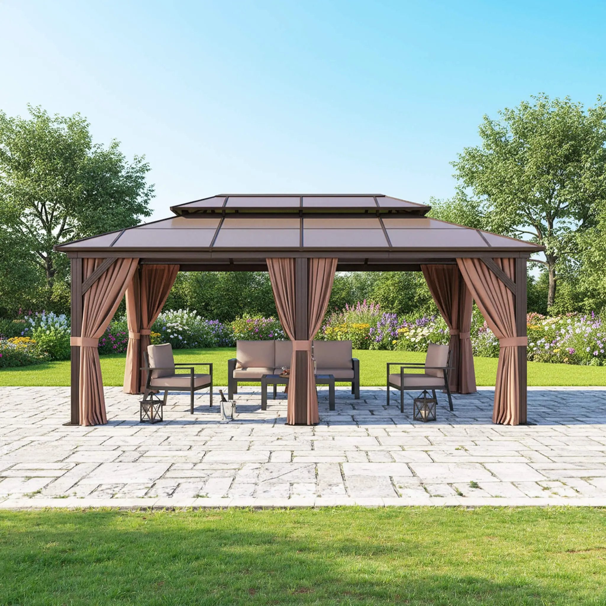 [12X20FT] Alora Premium Aluminum Outdoor Polycarbonate Hardtop Gazebo With Netting & Curtains (SAK36580) by SAKSBY WHOLESALE