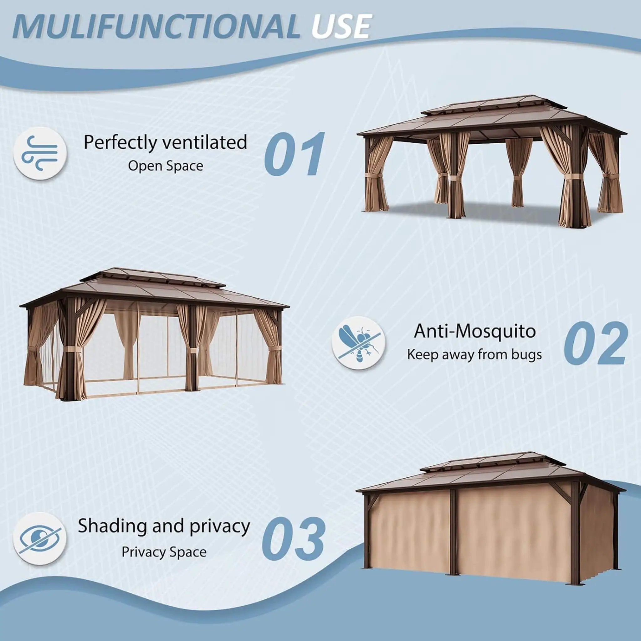 [12X20FT] Alora Premium Aluminum Outdoor Polycarbonate Hardtop Gazebo With Netting & Curtains (SAK36580) by SAKSBY WHOLESALE
