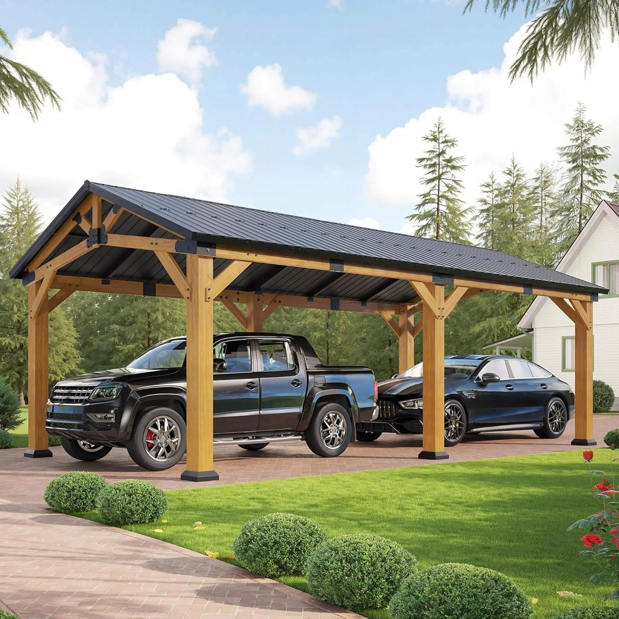 [12X24FT] Alora Large Heavy-Duty Outdoor Cedar Wood Hardtop Carport With Galvanized Steel Roof (SAK48392) by SAKSBY WHOLESALE