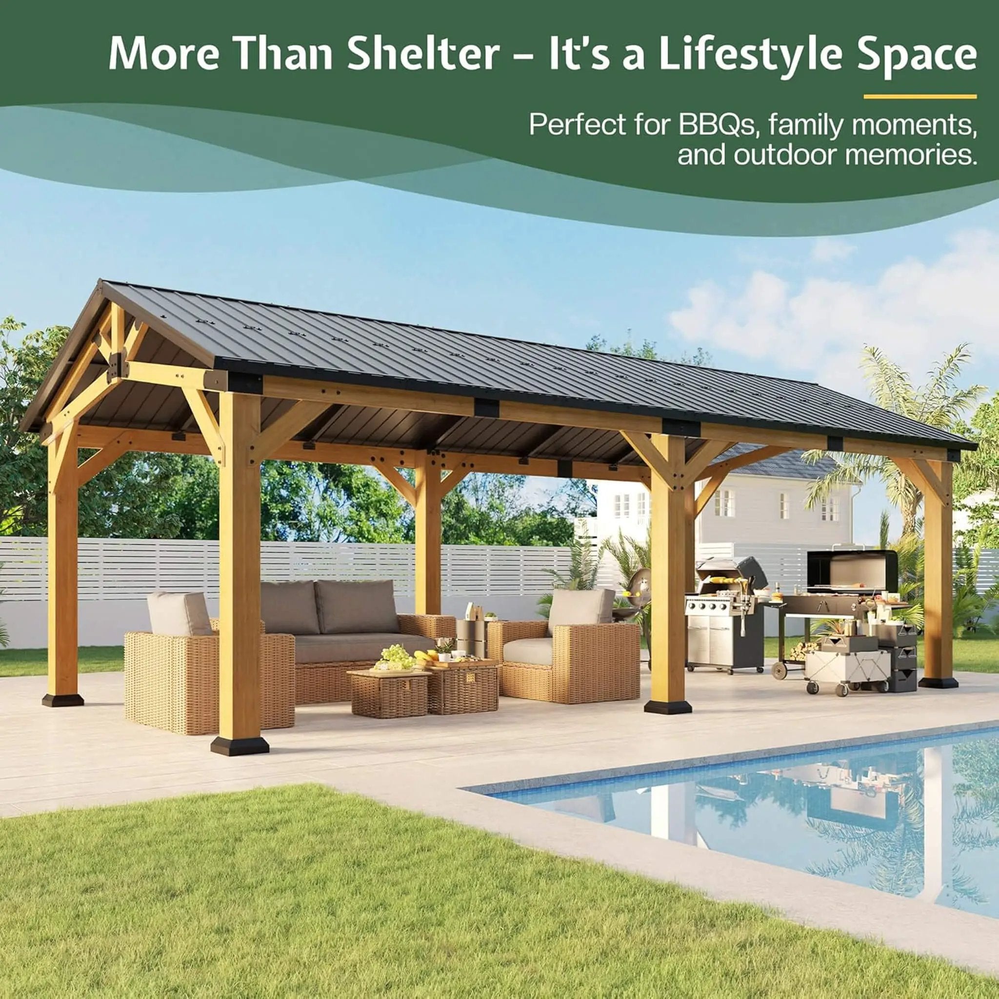 [12X24FT] Alora Large Heavy-Duty Outdoor Cedar Wood Hardtop Carport With Galvanized Steel Roof (SAK48392) by SAKSBY WHOLESALE